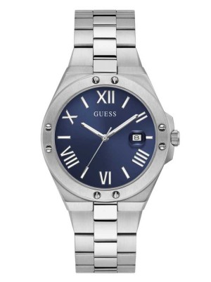 Multicolor Guess Perspective Silver-Tone and Blue Analog Men's Watches | 8579-KQAJX