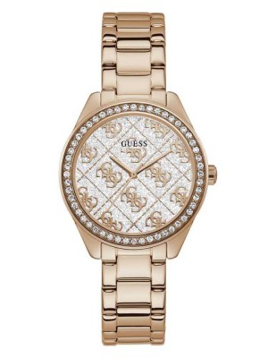 Multicolor Guess Rose Gold-Tone Glitter Logo Women's Watches | 6859-BXLGJ
