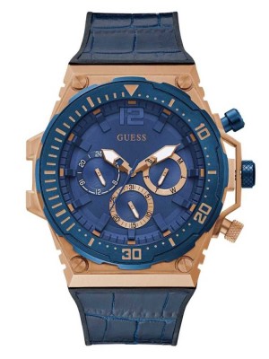 Multicolor Guess Rose Gold-Tone and Blue Multifunction Men's Watches | 9073-CXWLO