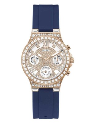 Multicolor Guess Rose Gold-Tone and Blue Silicone Multifunction Women's Watches | 1284-QDITC