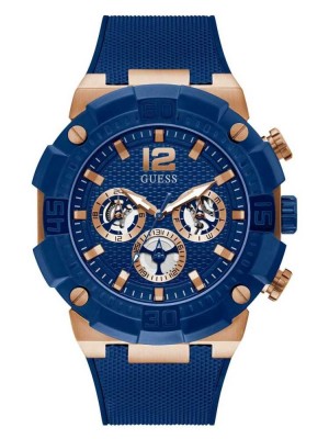 Multicolor Guess Rose Gold-Tone and Blue Multifunction Men's Watches | 6452-CLWPN