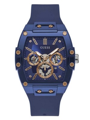 Multicolor Guess Rose Gold-Tone and Blue Silicone Multifunction Men's Watches | 5847-RXPNJ