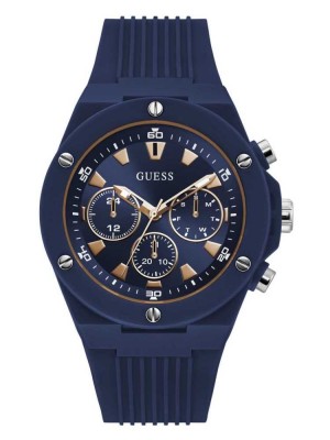 Multicolor Guess Rose Gold-Tone and Navy Silicone Multifunction Men's Watches | 6129-PHVXC