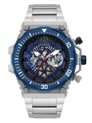 Multicolor Guess Silver-Tone Exposed Dial Multifunction Men's Watches | 6491-MNELB