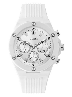 Multicolor Guess Silver-Tone and White Silicone Multifunction Men's Watches | 1607-LHVQM