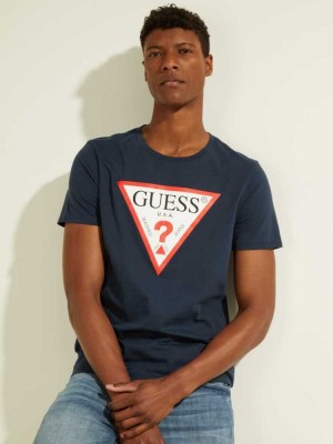 Navy Guess Classic Logo Men's T-Shirts | 6198-AUFSW