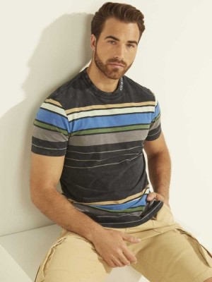 Navy Guess Eli Acid Wash Stripe Men's T-Shirts | 5894-BJMPX