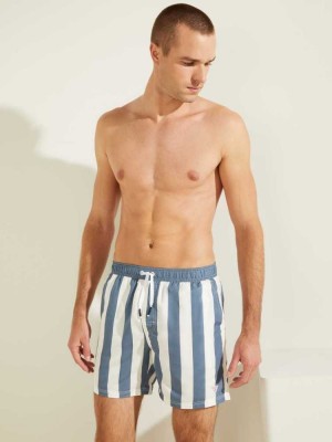 Navy Guess Striped Woven Swim Trunks Men's Swimwear | 1572-YJRWD