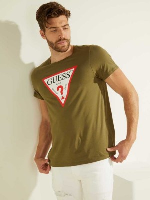 Olive Guess Classic Logo Men's T-Shirts | 8392-EJNUO