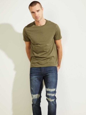 Olive Guess Classic Pima Crew Men's T-Shirts | 6081-EOMAZ