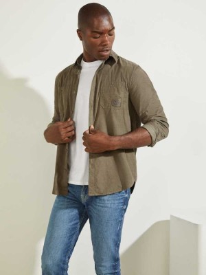 Olive Guess Collins Corduroy Men's Shirts | 9835-QAOFB