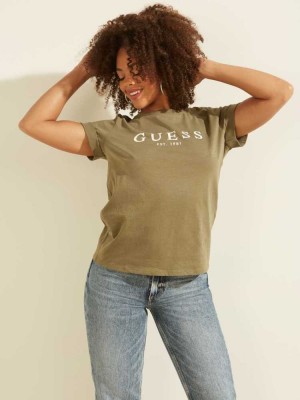 Olive Guess Eco 1981 Rolled Cuff Logo Women's T-Shirts | 3061-ZKOFM