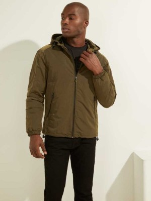 Olive Guess Eco Hooded Men's Windbreaker | 6512-LQGAN