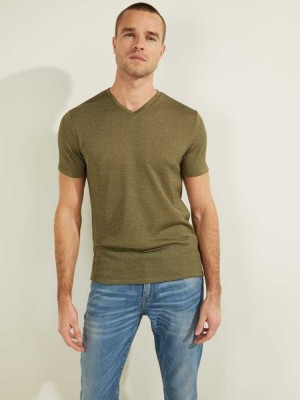 Olive Guess Gauze V-Neck Men's T-Shirts | 2605-GHCAN
