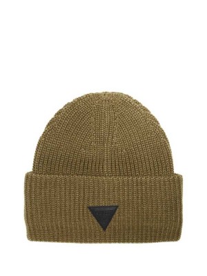 Olive Guess Justyn Triangle Logo Men's Beanie | 2758-YZROG