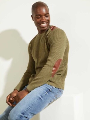 Olive Guess Liam Leather Patch Men's Sweaters | 1528-IQSYD