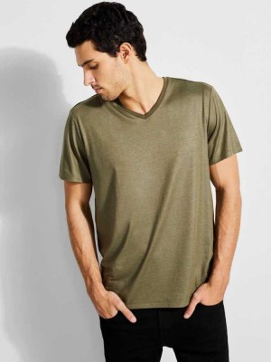 Olive Guess Mason Yoke V-Neck Men's T-Shirts | 2397-KMTQS