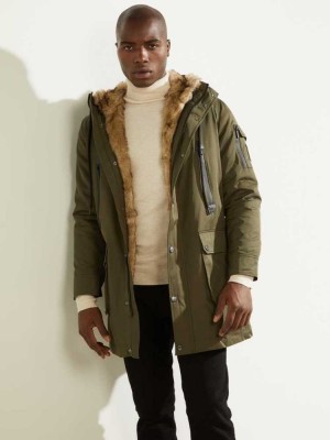Olive Guess Military Faux-Fur Lined Men's Parka Jackets | 8046-CYTGL
