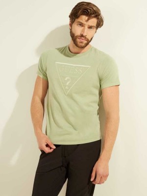 Olive Multicolor Guess Embroidered Logo Men's T-Shirts | 2950-NSXUO
