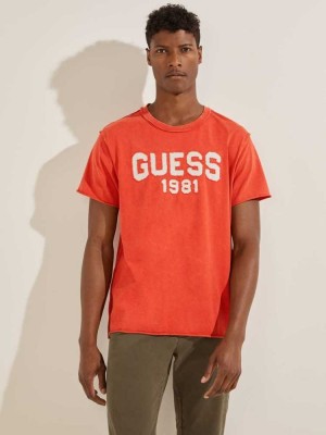 Orange Guess Eco Raw Patchwork Logo Men's T-Shirts | 6293-SKHLA