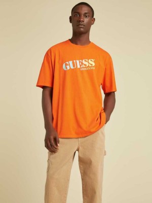 Orange Guess Originals Ombre Logo Men's T-Shirts | 9740-XJPUH