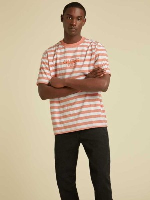 Orange Guess Originals Striped Men's T-Shirts | 5168-DWMAV