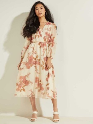 Pink Flower Guess Floral Midi Women's Dresses | 8159-YKWMF