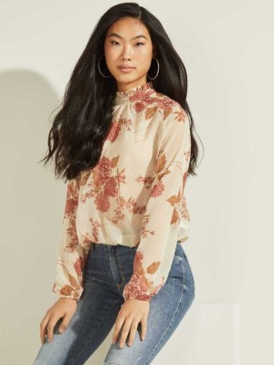 Pink Flower Guess Floral Puff Sleeve Women's Blouse | 0937-NSDTW