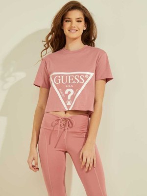 Pink Guess Cropped Logo Women's T-Shirts | 5936-PDXIR