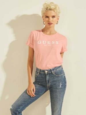 Pink Guess Eco 1981 Rolled Cuff Logo Women's T-Shirts | 9637-ETOGF