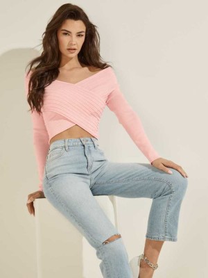 Pink Guess Eco Amber Crisscross Women's Sweaters | 7560-RXZWL