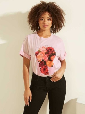 Pink Guess Ermin Rose Logo Women's T-Shirts | 0157-EHCOI