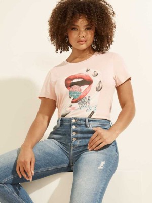 Pink Guess Lip Glitter Pop Easy Women's T-Shirts | 6750-XFSCV