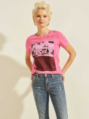 Pink Guess Olaria Graphic Women's T-Shirts | 1705-ZSUYA