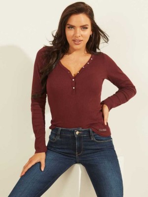 Pink Guess Rhinestone Logo Henley Women's Tops | 6941-BUYHL