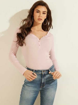 Pink Guess Rhinestone Logo Henley Women's Tops | 6417-NGJVF