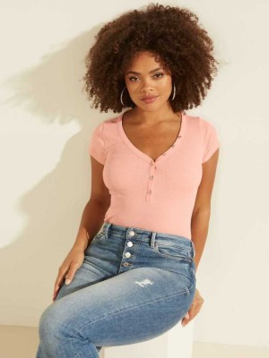 Pink Guess V-Neck Henley Women's T-Shirts | 4586-NGSVE