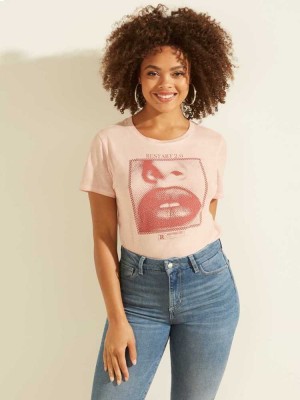 Pink Multicolor Guess Eco Pixel Lips Easy Women's T-Shirts | 2301-YPLNW