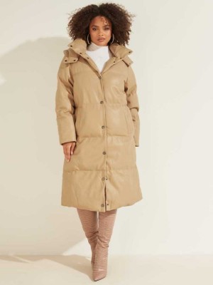 Platinum Guess Emilie Faux-Leather Long Puffer Women's Coats | 9607-GPRDF