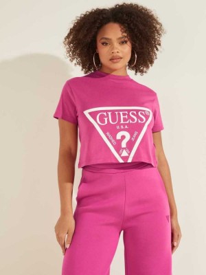 Purple Guess Cropped Logo Women's T-Shirts | 2730-LEQBN