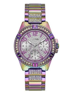 Purple Guess Iridescent Crystal Multifunction Women's Watches | 0632-XOVSK