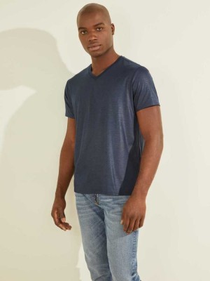 Purple Guess Mason Yoke V-Neck Men's T-Shirts | 8640-VQPNX