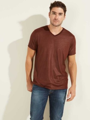 Purple Guess Mason Yoke V-Neck Men's T-Shirts | 2803-FTIJD