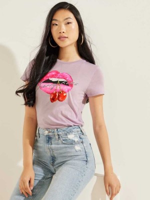 Purple White Guess Eco Cherry Kiss Women's T-Shirts | 3871-RVCPH