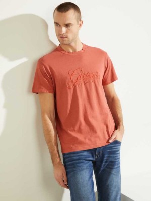 Red Guess Classical Embroidered Logo Men's T-Shirts | 5914-SIMZO