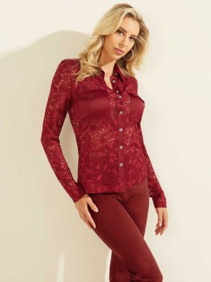 Red Guess Corinne Lace Top Women's Tops | 6059-KREQD