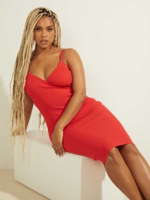 Red Guess Haley Ribbed Women's Dresses | 0854-LSCVN