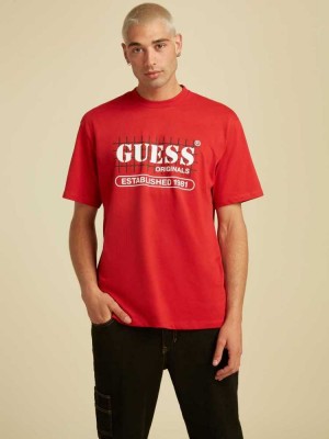 Red Guess Originals Grid Men's T-Shirts | 1043-JPYMZ