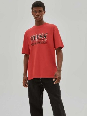 Red Guess Originals Grid Men's T-Shirts | 4830-ZVNFR