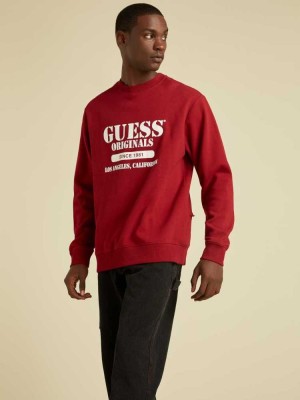Red Guess Originals Logo Crewneck Men's Sweatshirt | 3512-PBNRZ